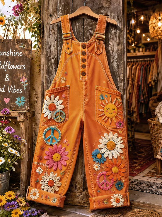 Women's Retro Art Print Denim Patchwork Jumpsuit-colous
