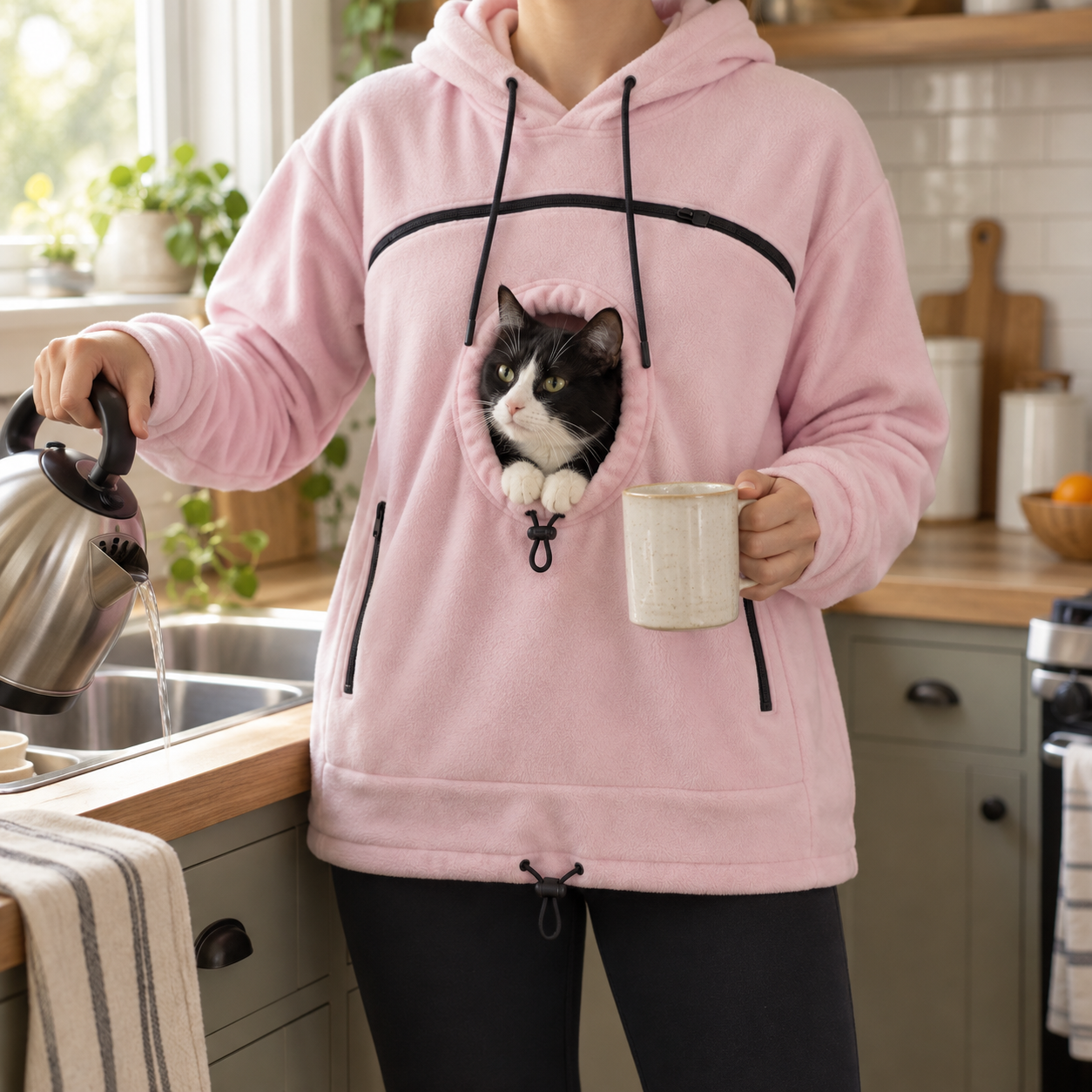 Pink cat pouch hoodie worn at home