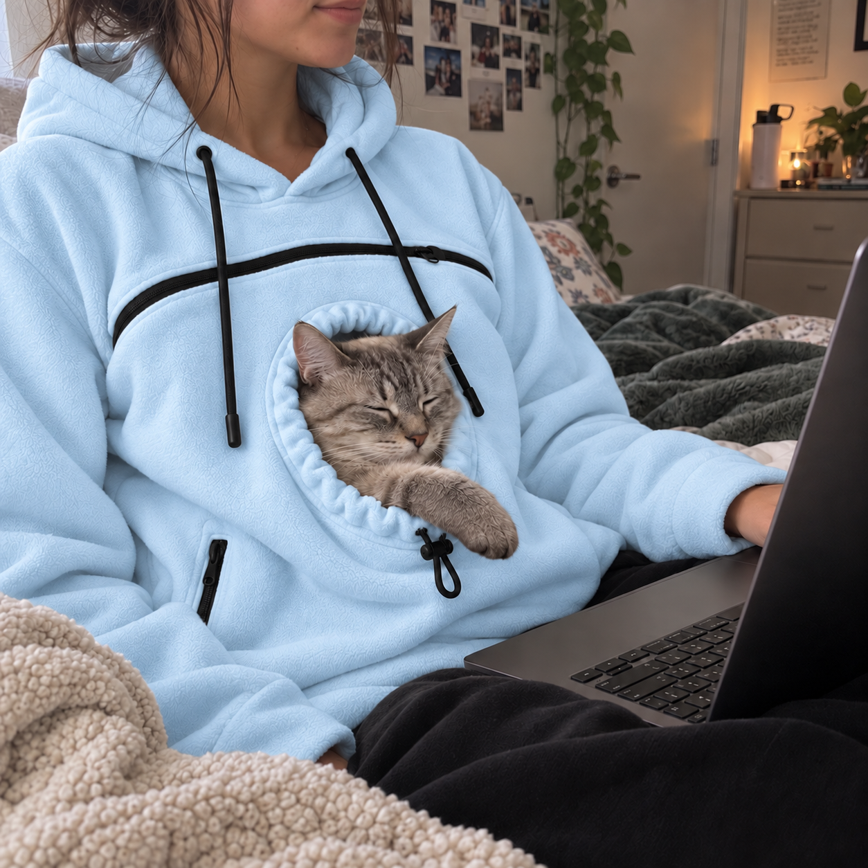 Light blue hoodie with a resting tabby cat beside a laptop