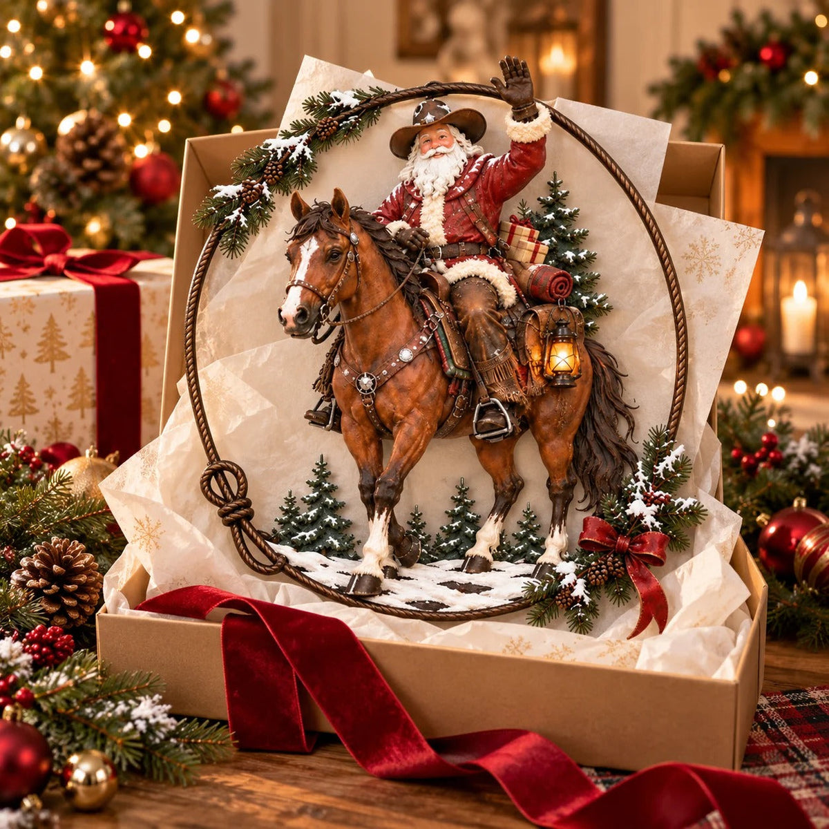 ๐ฅHot Sale๐ฅ - ๐ค ๐ Cowboy Santa Ranch Christmas Wall Art โ Rustic Horse & Lasso Holiday Accent