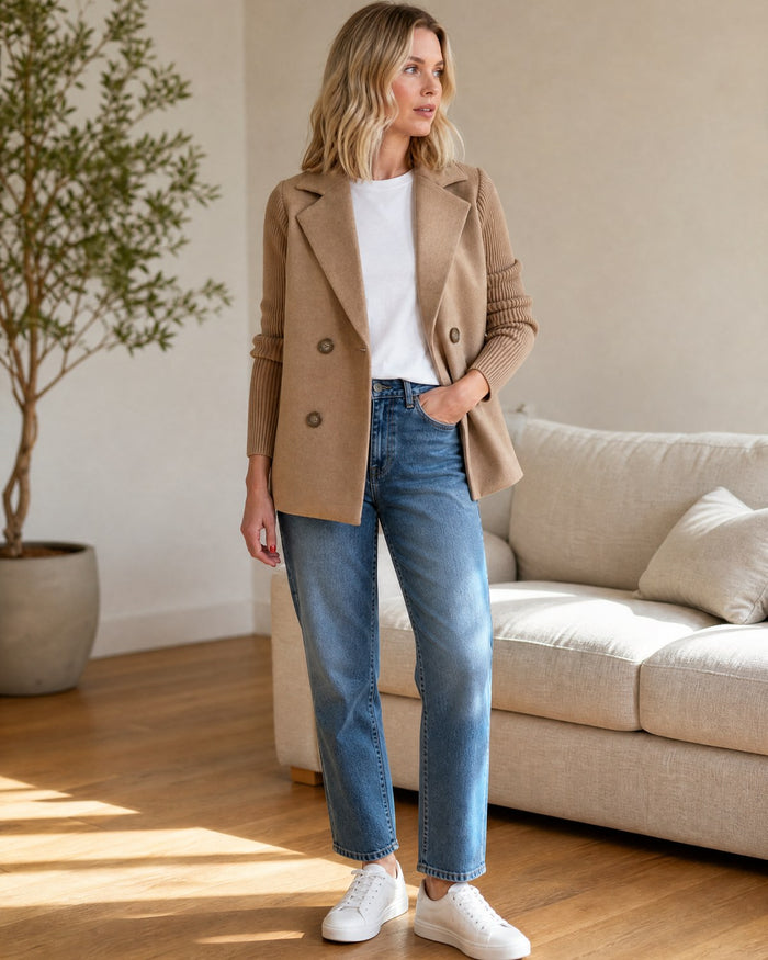 The Sasha blazer over a white tee with jeans