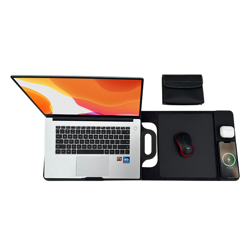 The All-In-One Mobile Workstation Sleeve | Built-In 15W Multi-Device Wireless Charger, Ergonomic Laptop Stand & Mousepad (Fits up to 16")