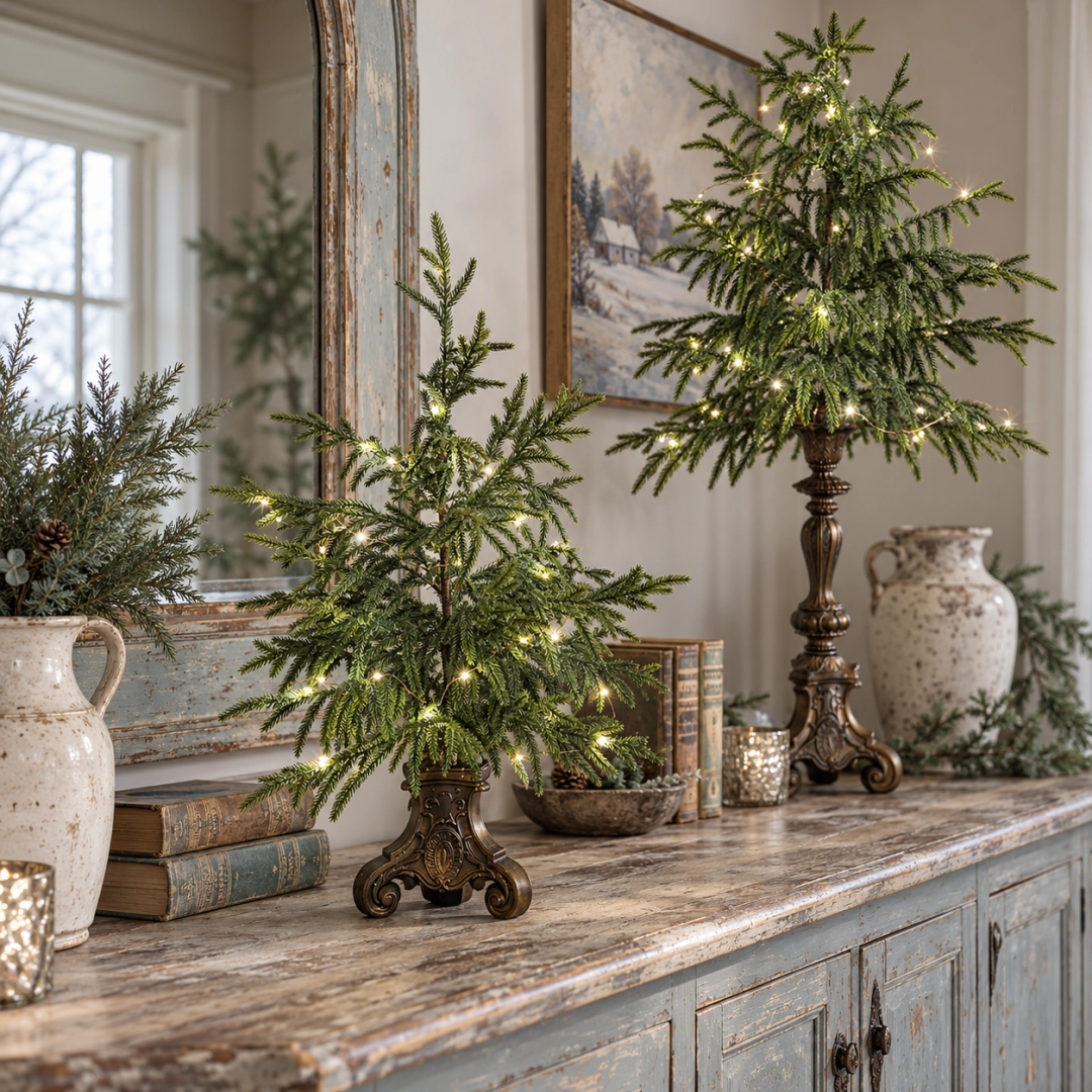 ✨ Cozy Lighted Norfolk Pine Tree 🎄 Vintage Christmas Table Decor