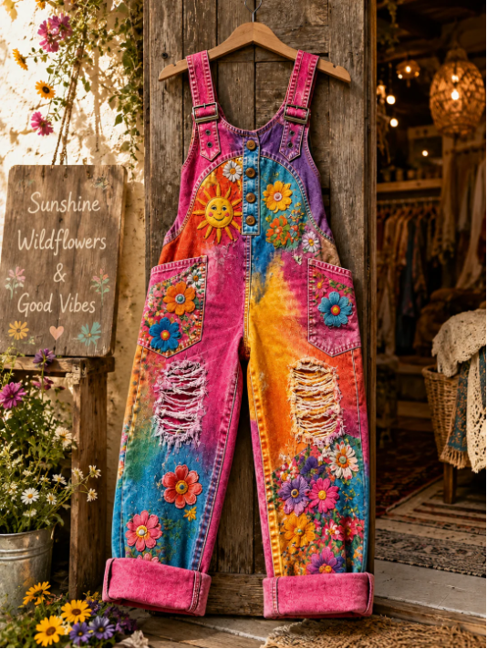 Women's Retro Art Print Denim Patchwork Jumpsuit-colous