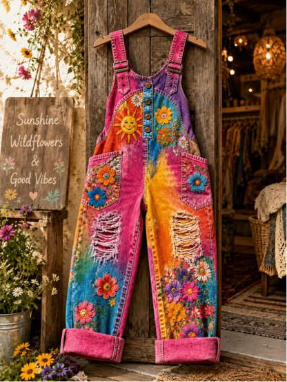 Women's Retro Art Print Denim Patchwork Jumpsuit-colous