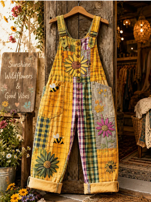 Women's Retro Art Print Denim Patchwork Jumpsuit-colous
