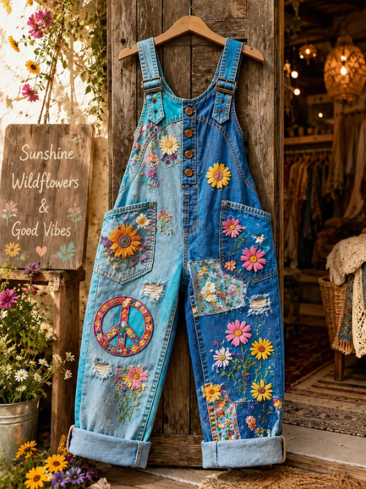 Women's Retro Style Art Print Washed Cotton Denim Patchwork Jumpsuit-cowboy