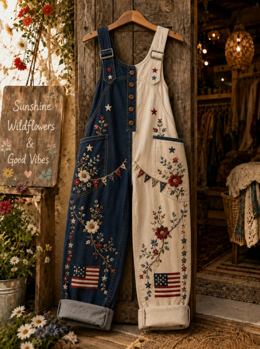 Women's Retro Style Art Print Washed Cotton Denim Patchwork Jumpsuit-cowboy