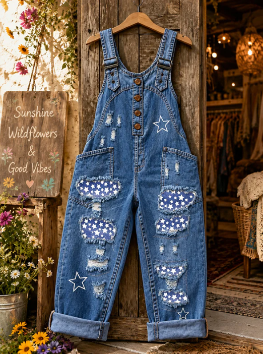 Women's Retro Style Art Print Washed Cotton Denim Patchwork Jumpsuit-cowboy