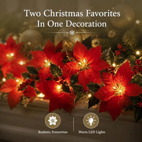 🎁LED Poinsettia Christmas Garland Lights for Holiday Decor