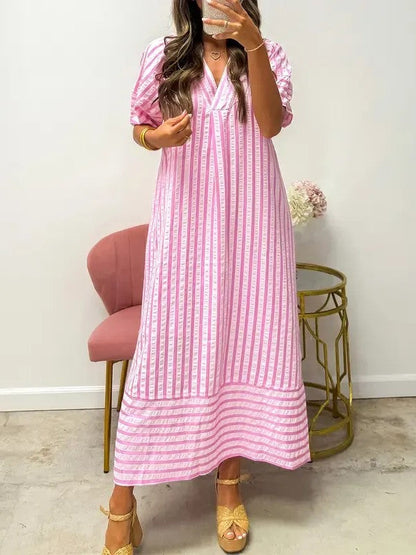 Women’s Stripe Puff Sleeves Shift Dress