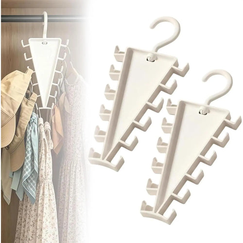 White 12-hook rotating closet organizer holding garments in a wardrobe