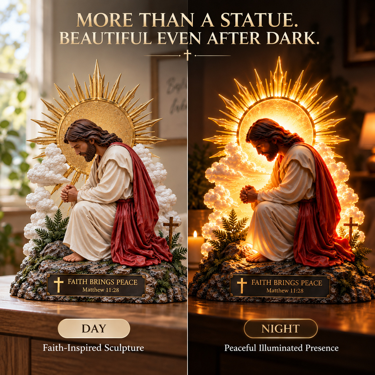 ✨🙏 Faith Brings Peace™ — Illuminated Praying Jesus Figurine