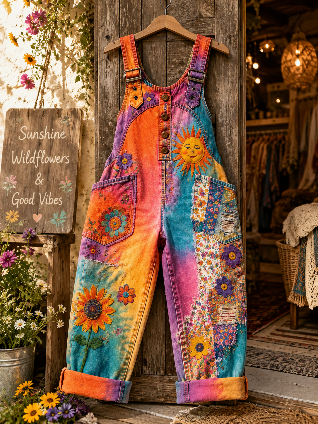 Women's Retro Art Print Denim Patchwork Jumpsuit-colous