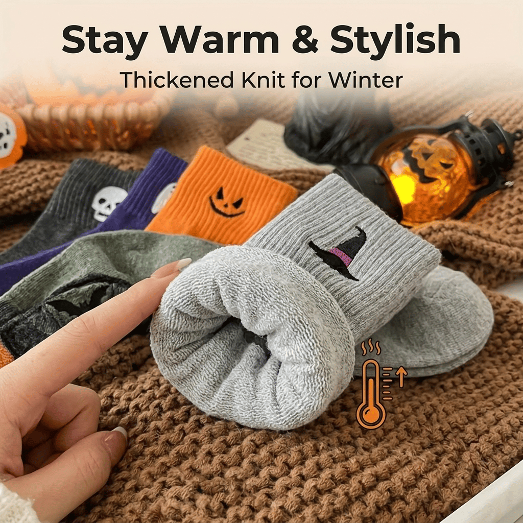🎁Last Day Promotion 49% OFF🔥5‐Pair Cute Halloween Crew Socks – Pumpkin Ghost Cartoon Mid‐Calf Knit