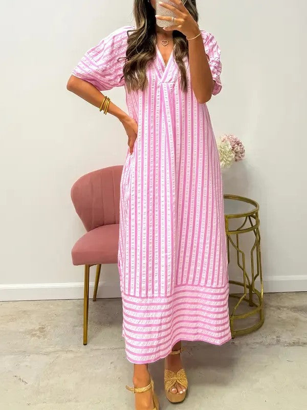 Women’s Stripe Puff Sleeves Shift Dress
