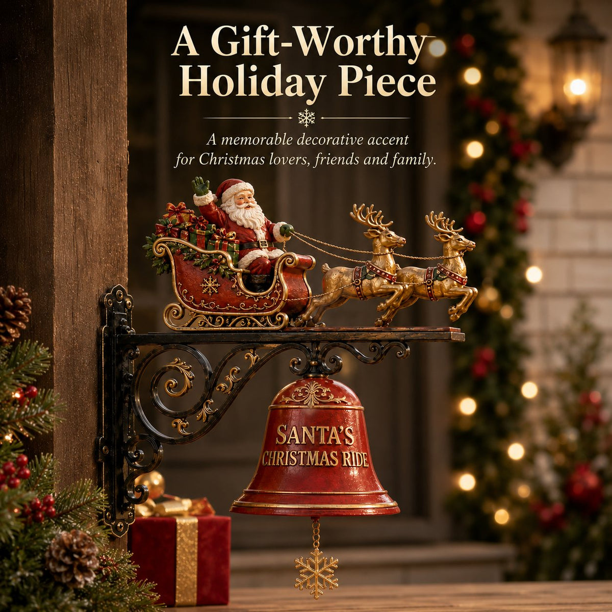 Santa sleigh decorative Christmas bell presented as a holiday gift