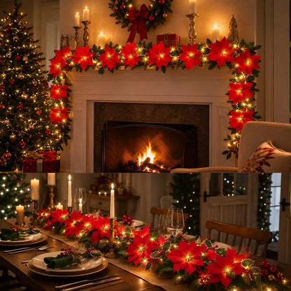 🎁LED Poinsettia Christmas Garland Lights for Holiday Decor