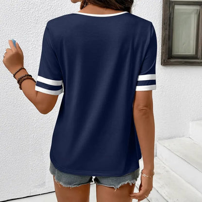 Women Summer Colorblock V Neck Tee | Trim Loose Fit, Striped Cuffs Breathable Cotton Blend for Daily