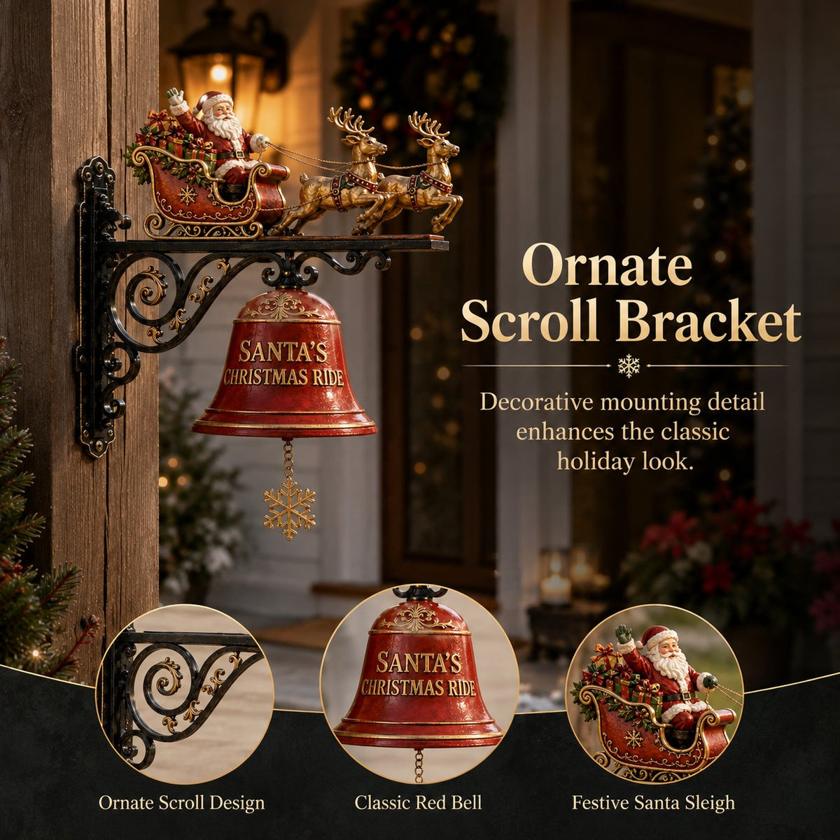 Ornate black and gold scroll bracket with Santa sleigh and Christmas bell