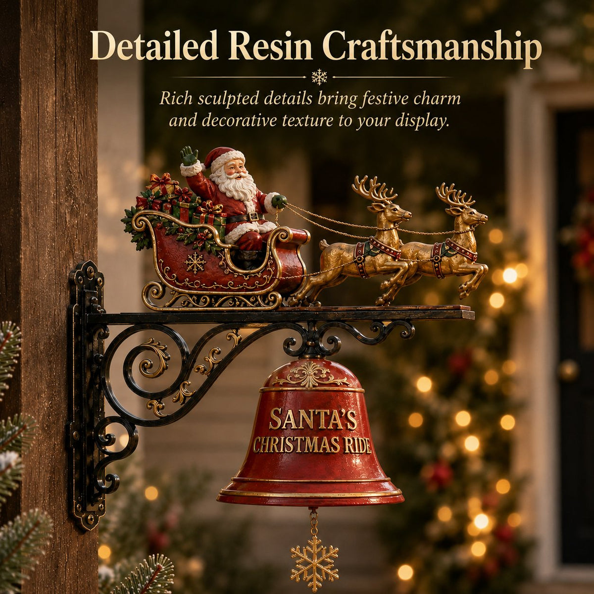 Detailed resin craftsmanship on Santa sleigh Christmas bell decoration