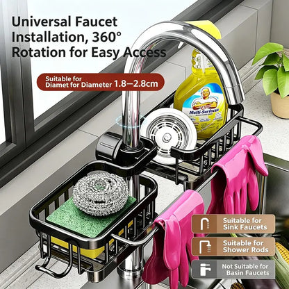 💦Sink Organizer Rack,Hanging Faucet Drain Rack with Drip Tray Stainless Steel Detachable Sink Faucet Sponge Holder Over Faucet for Kitchen and Bathroom,Scrubbers, Soap,Brush