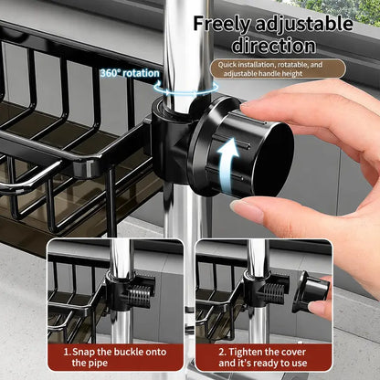 💦Sink Organizer Rack,Hanging Faucet Drain Rack with Drip Tray Stainless Steel Detachable Sink Faucet Sponge Holder Over Faucet for Kitchen and Bathroom,Scrubbers, Soap,Brush