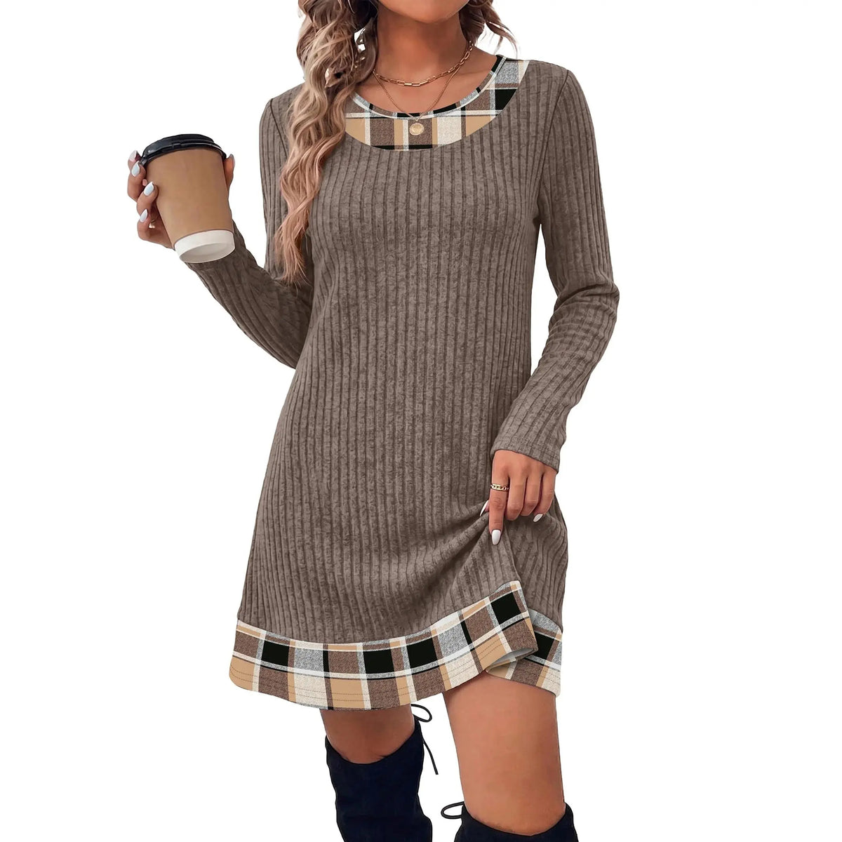 Fashion Fall Dresses for Women 2026 Long Sleeve Sweater Dress Color Block | Side Pockets, Ribbed, Lightweight, Winter Clothing, Loose Fit