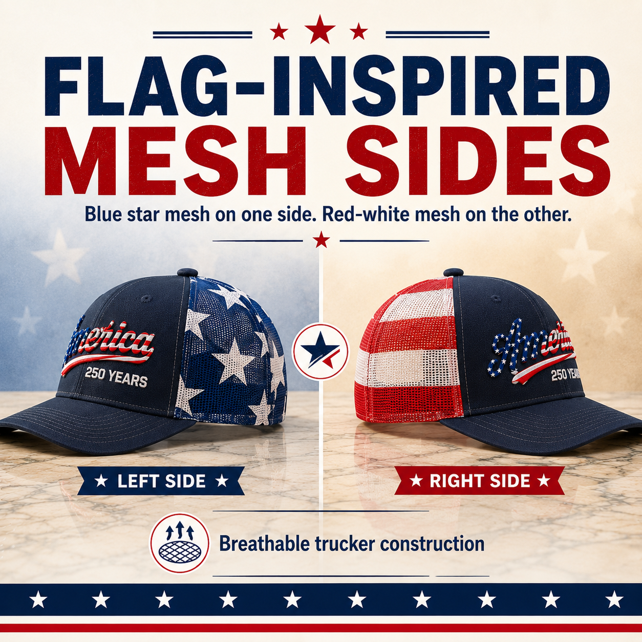 ❤️ 🇺🇸 America 250 Years Patriotic Embroidered Mesh Trucker Cap