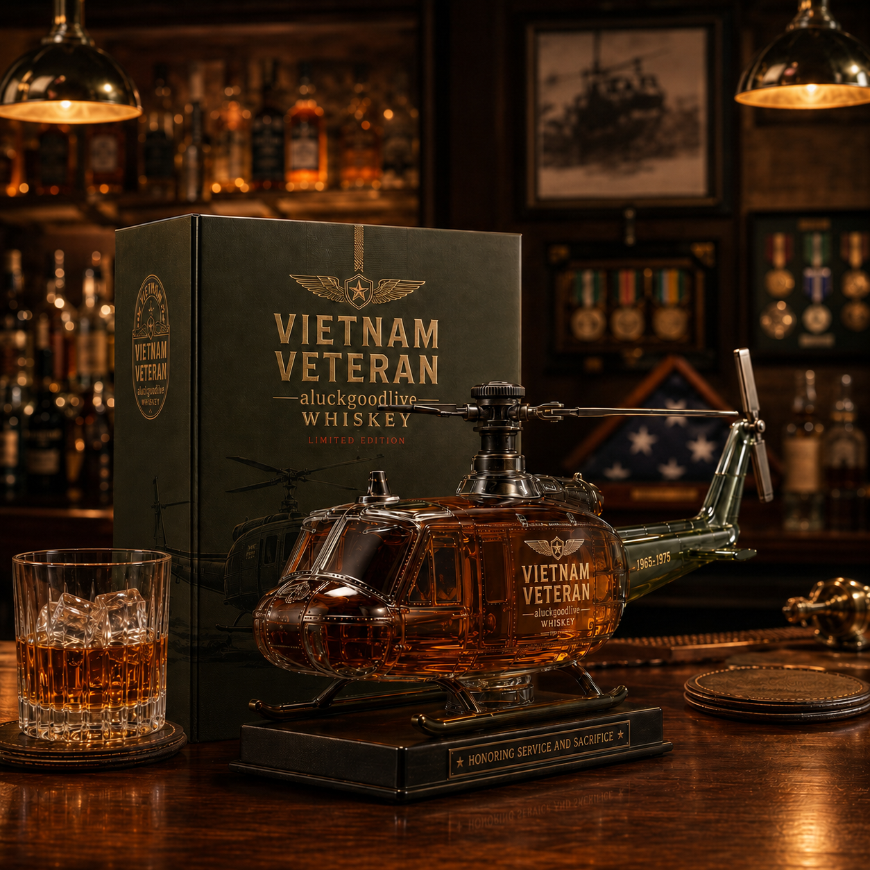 Vietnam War Veteran  Helicopter Commemorative Whiskey Decanter (1965–1975)