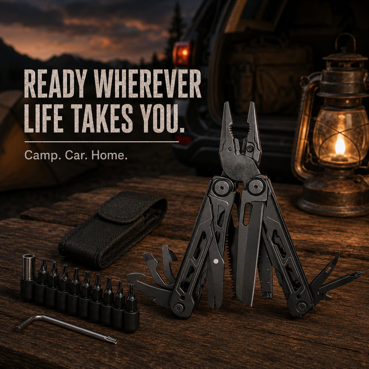 🏕️ 16-in-1 Camping Multi-Tool with Full-Size Scissors & Carrying Pouch