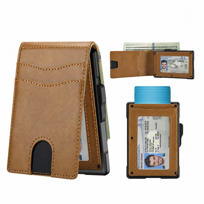 🔥Minimalist Pop-Up Wallet for Men – RFID Blocking Aluminum Card Holder with Cash Slot, ID Window & Leather Front Pocket