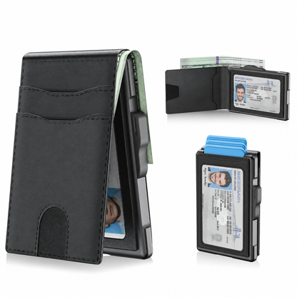 🔥Minimalist Pop-Up Wallet for Men – RFID Blocking Aluminum Card Holder with Cash Slot, ID Window & Leather Front Pocket