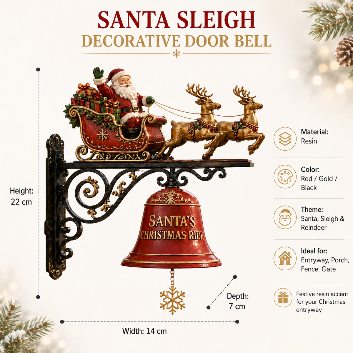 Santa sleigh decorative door bell dimensions and resin material details