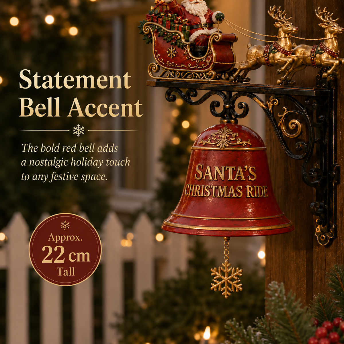 Red decorative Christmas bell below Santa sleigh and reindeer