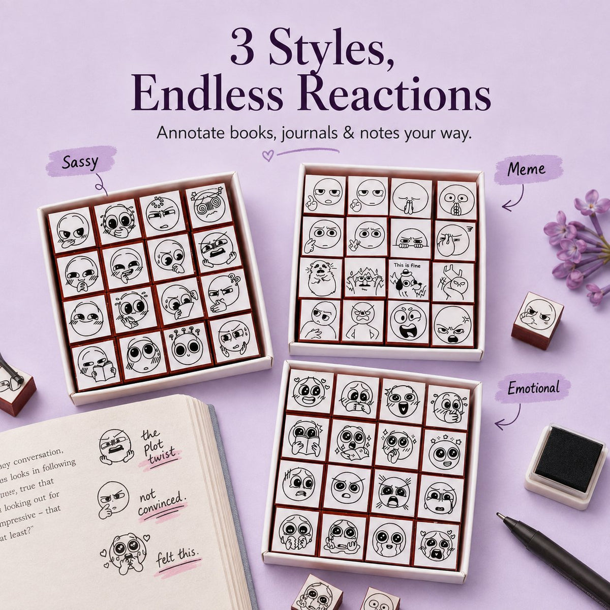 📚 Expression Reaction Stamp Set – Cute Book Annotation Stamps for Readers & Journaling