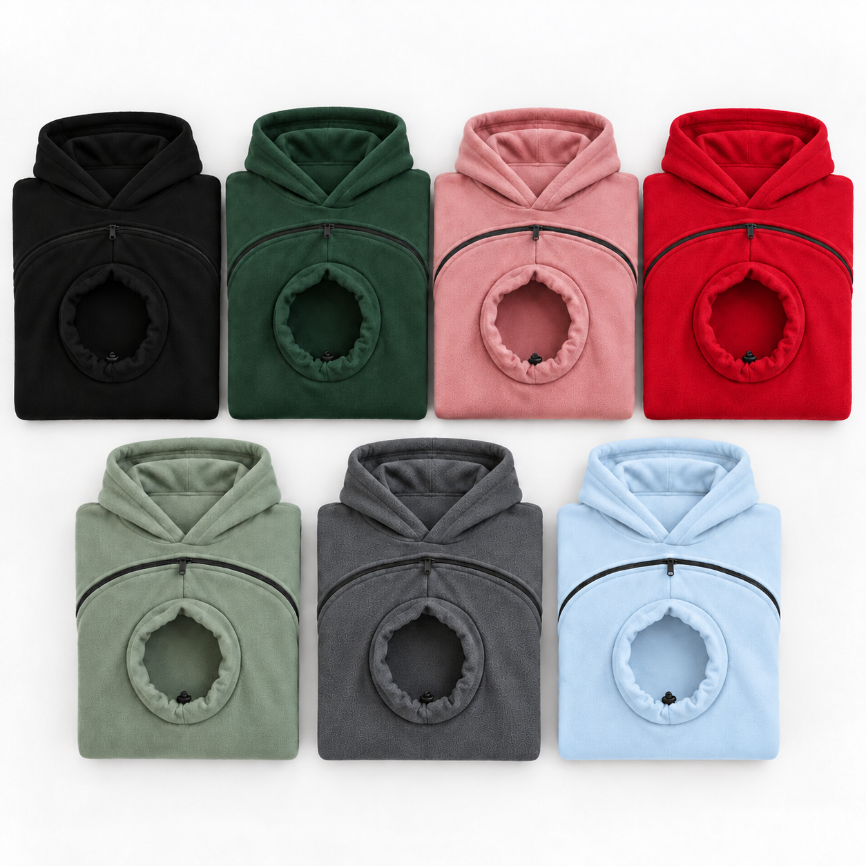 Seven hoodie colours: black, army green, pink, red, mint green, dark gray and light blue