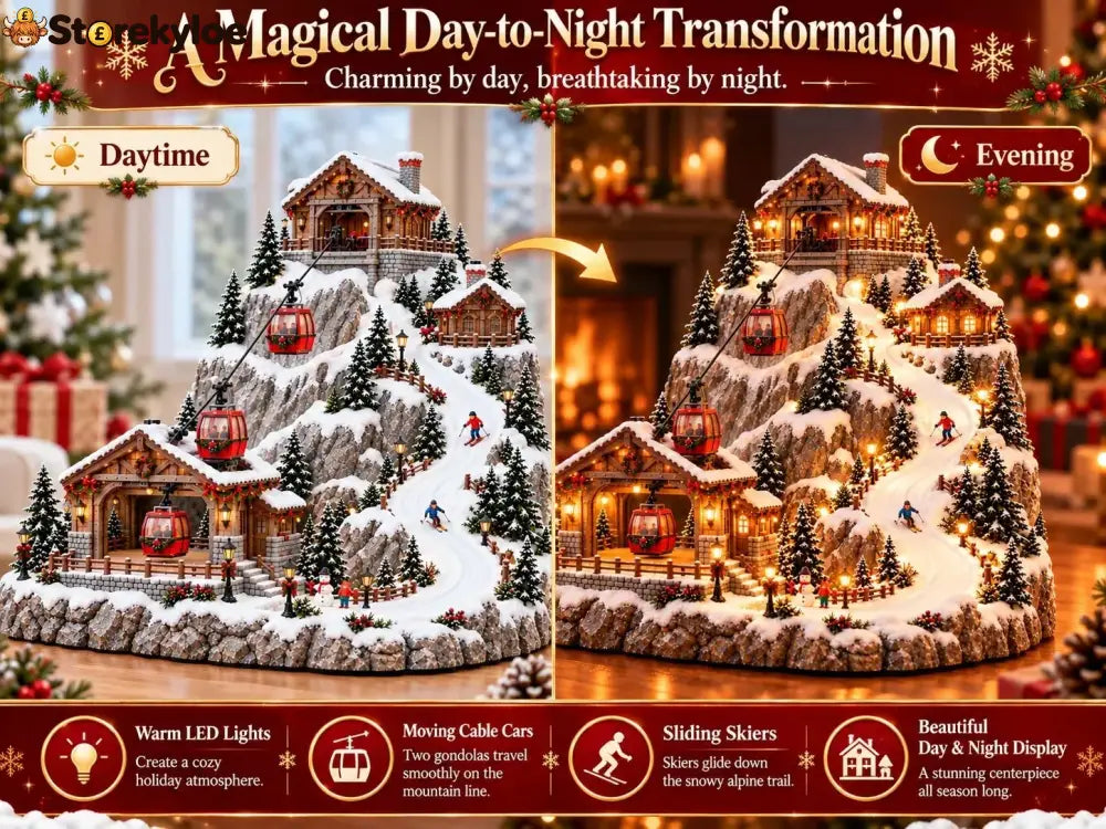 🚡🎄Animated Christmas Mountain Cable Car & Ski Village Scene ✨