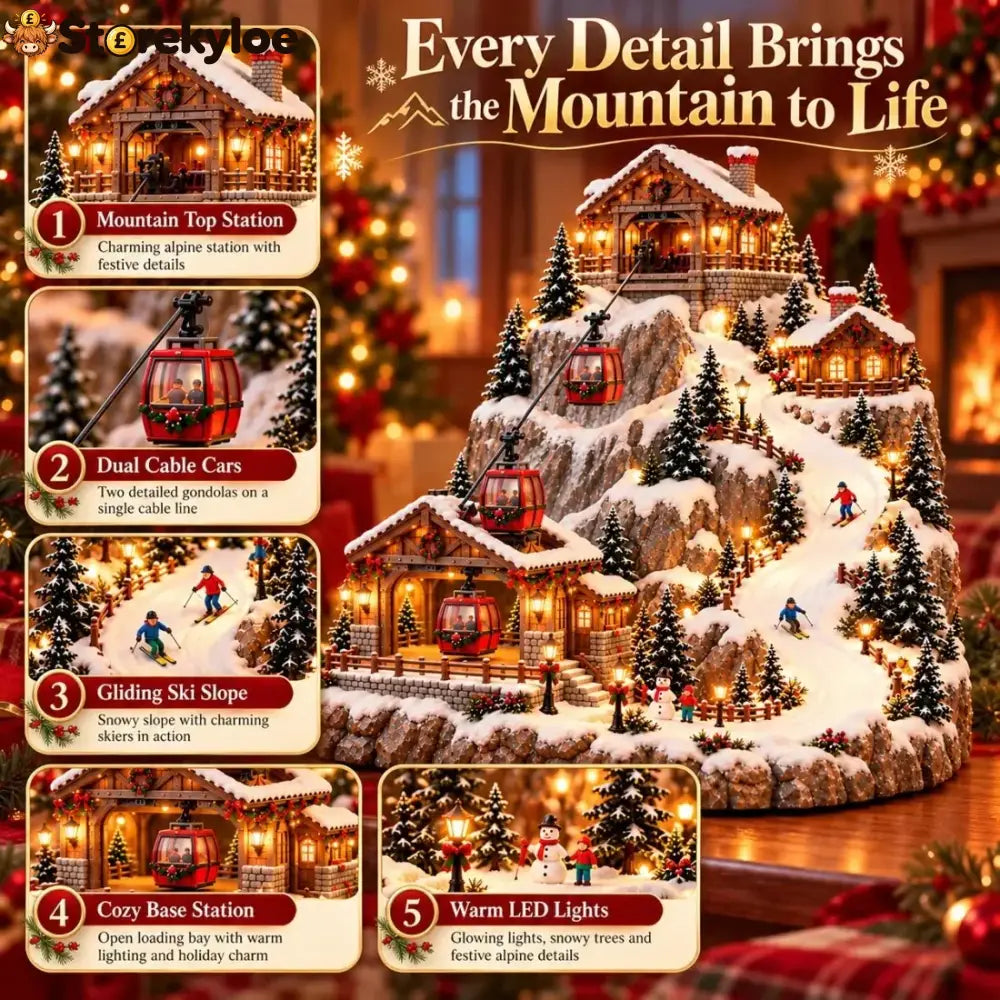 🚡🎄Animated Christmas Mountain Cable Car & Ski Village Scene ✨