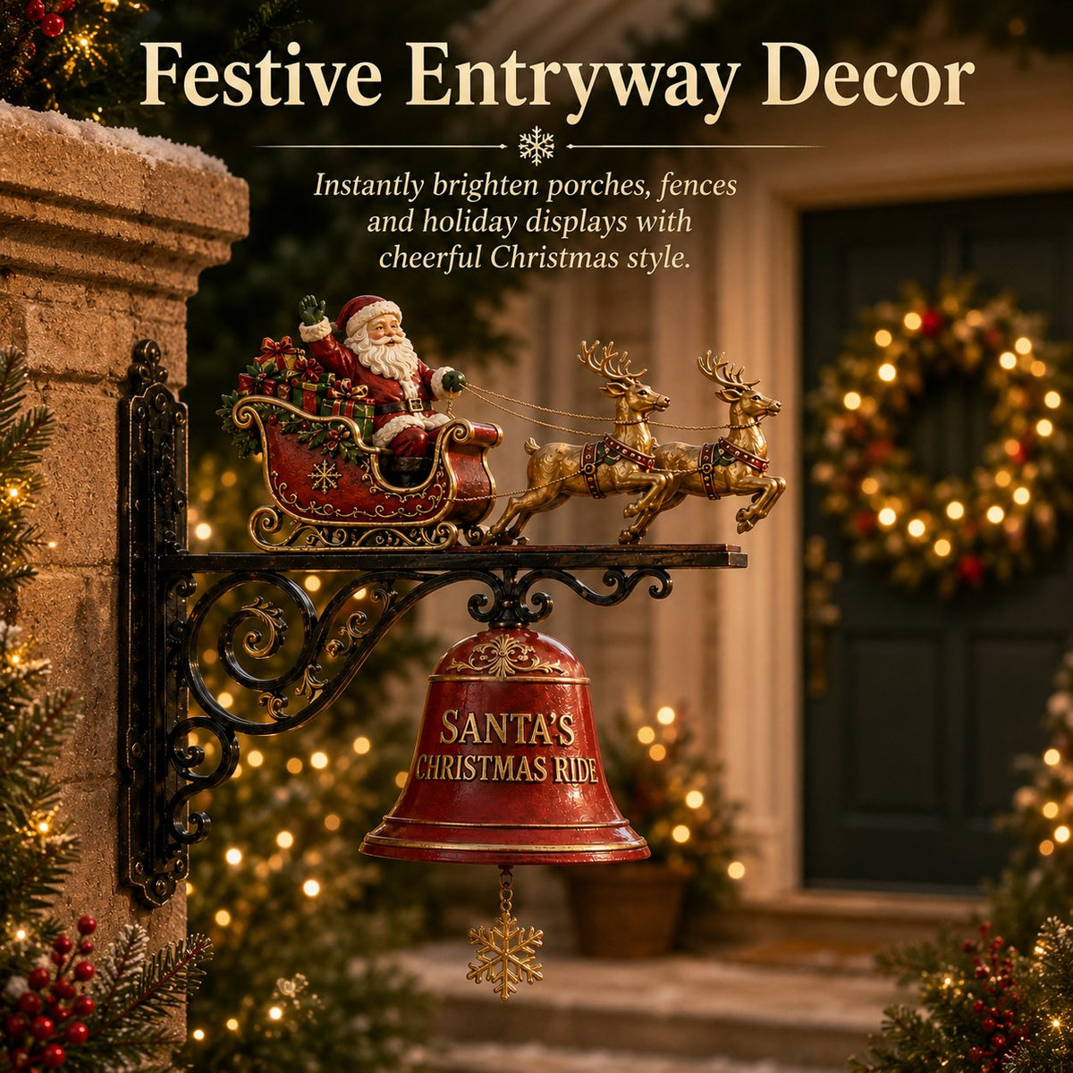 Festive Santa sleigh bell displayed at a Christmas entryway