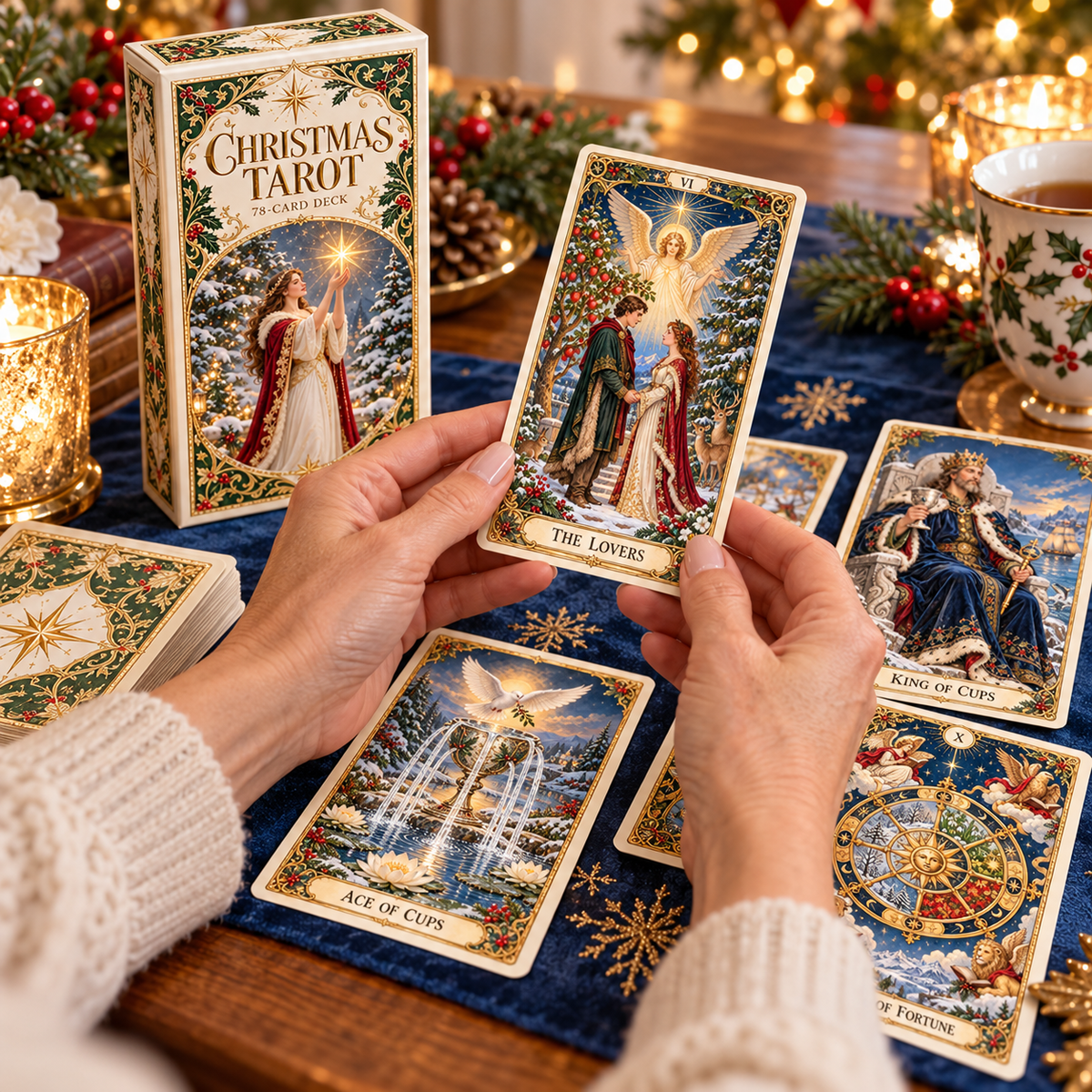 Holiday Sale 49% OFF🎉-🔮Christmas Tarot Deck – 78 Festive Cards with Guidebook & 12-Day Reflection Guide