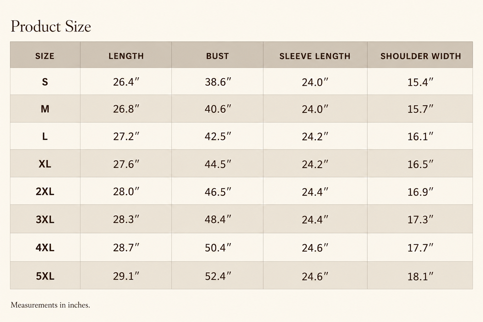 Product Size — measurements in inches