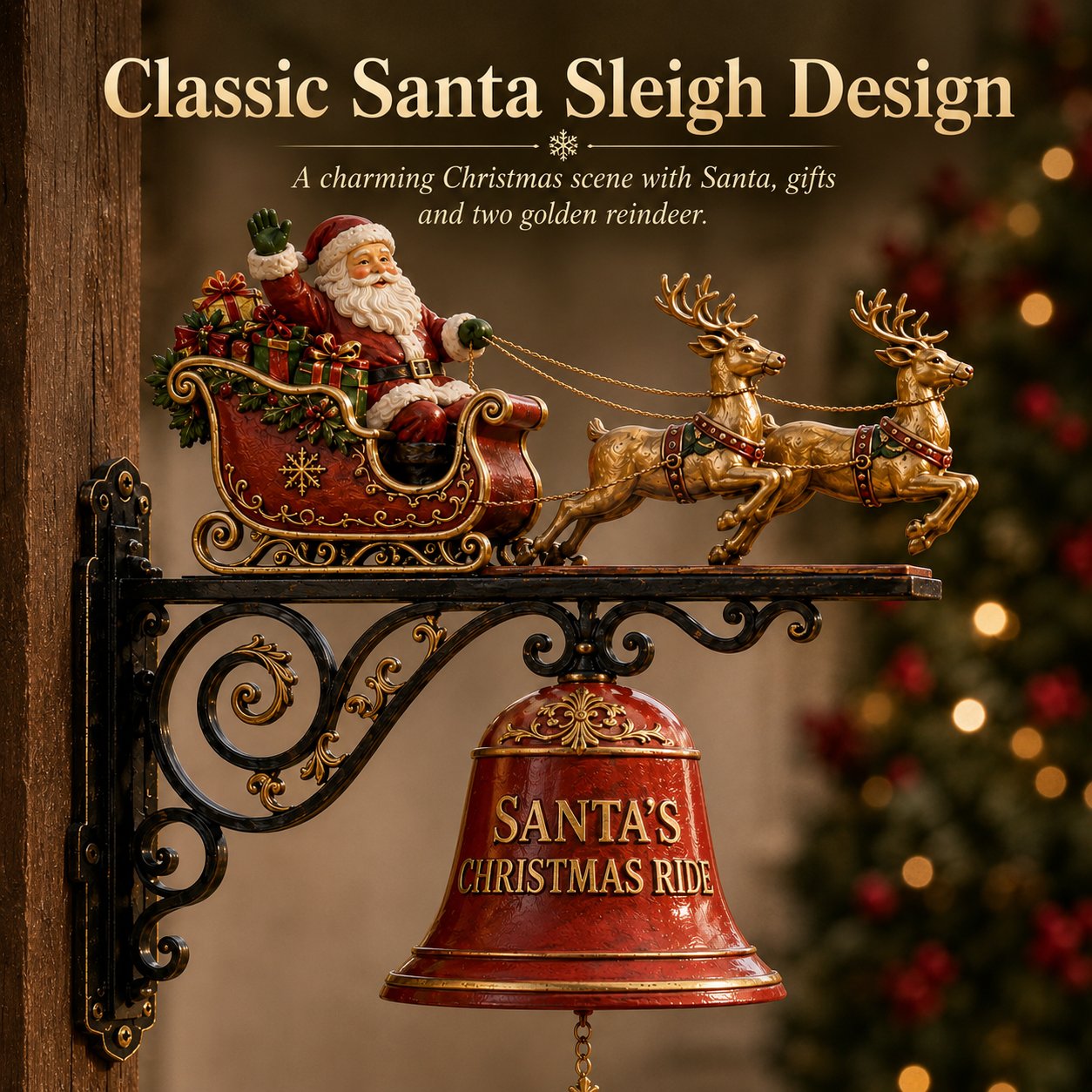 Classic Santa sleigh design with gifts and two golden reindeer