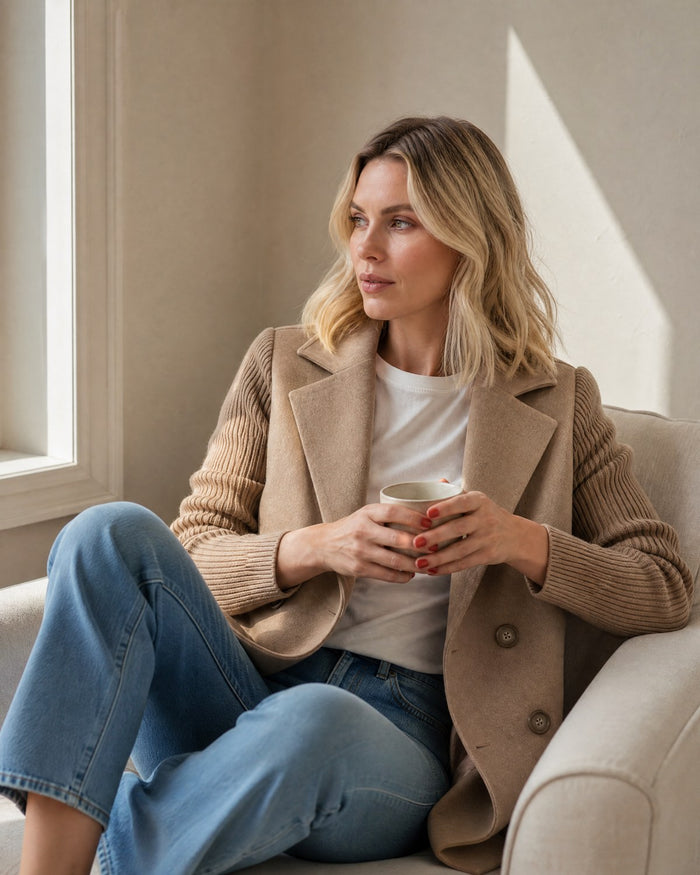 The Sasha blazer worn open, seated