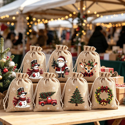 🎄 Christmas Drawstring Gift Bags – Santa & Reindeer Design, Reusable Fabric Gift Wrapping Bags